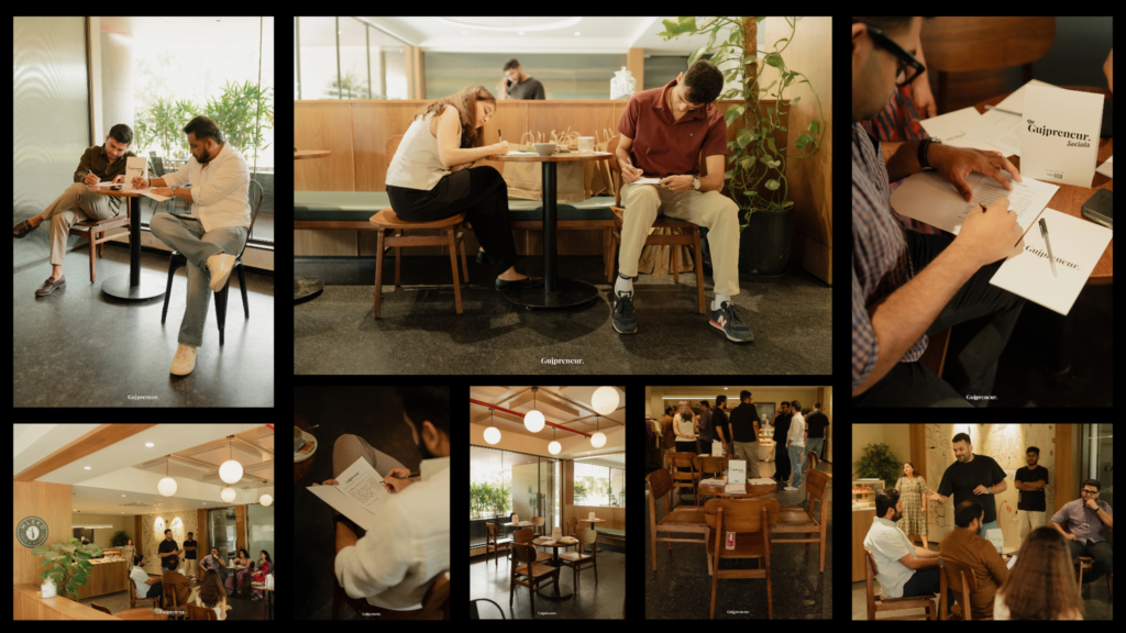 Founders, creators, and entrepreneurs networking at Gujpreneur Socials Breakfast Table at Mleko Café Ahmedabad.