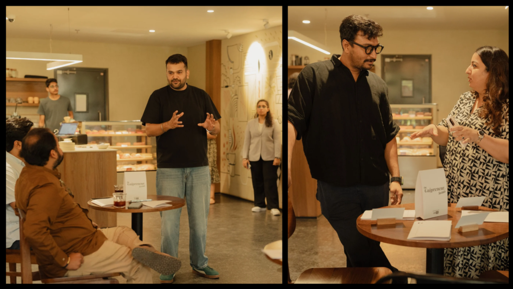 Founders, creators, and entrepreneurs networking at Gujpreneur Socials Breakfast Table at Mleko Café Ahmedabad.
