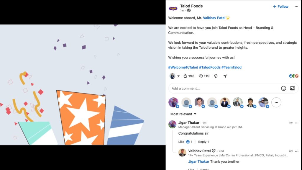 Vaibhav Patel appointed Head of Branding & Communication at Talod Foods, leading the brand’s next phase of growth and innovation. Vaibhav Patel appointed Head of Branding & Communication at Talod Foods, leading the brand’s next phase of growth and innovation.