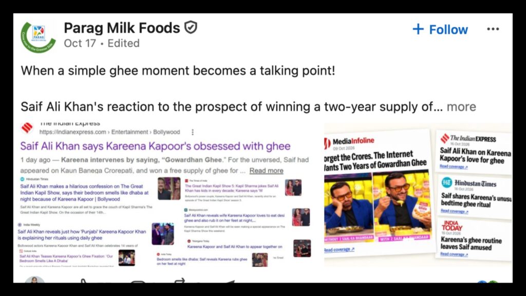 Gowardhan Ghee marketing moment featuring Saif Ali Khan on KBC that sparked viral conversations and organic brand visibility.